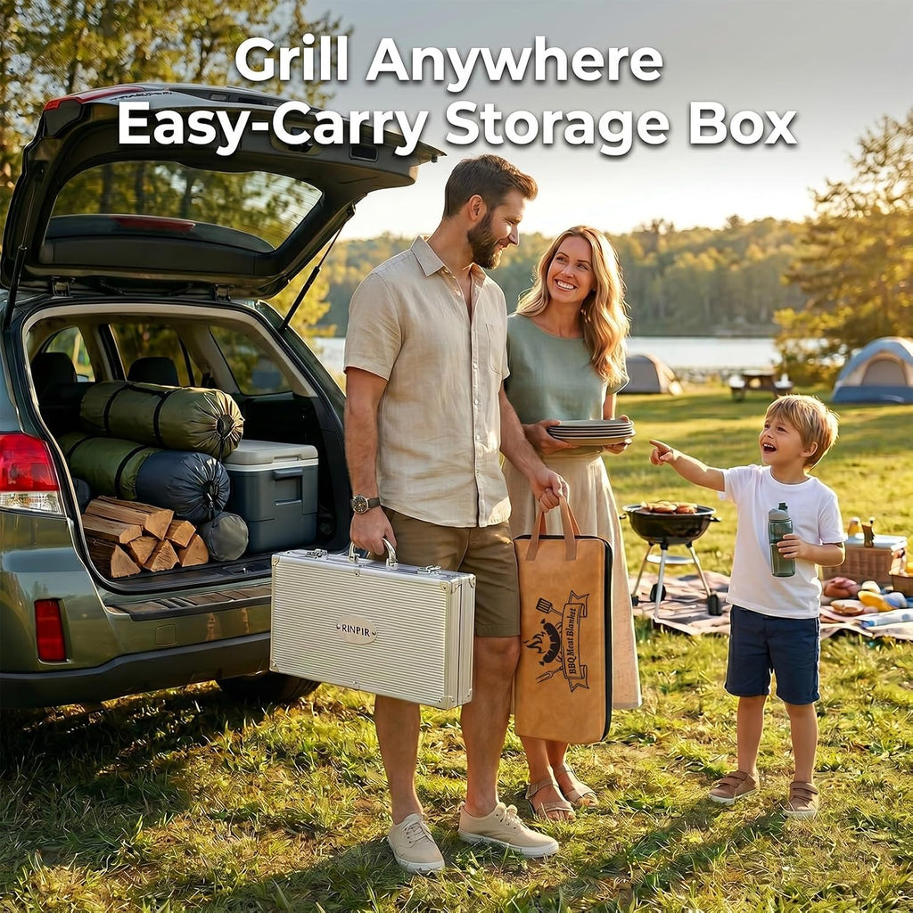 RINPIR 21pcs BBQ Grill Accessories Set with 21” Reusable Meat Blanket Brown | Father’s Day Grilling Gifts for Men Dad, Stainless Steel Grill Tools Utensils Kit in Aluminum Case for Outdoor Camping