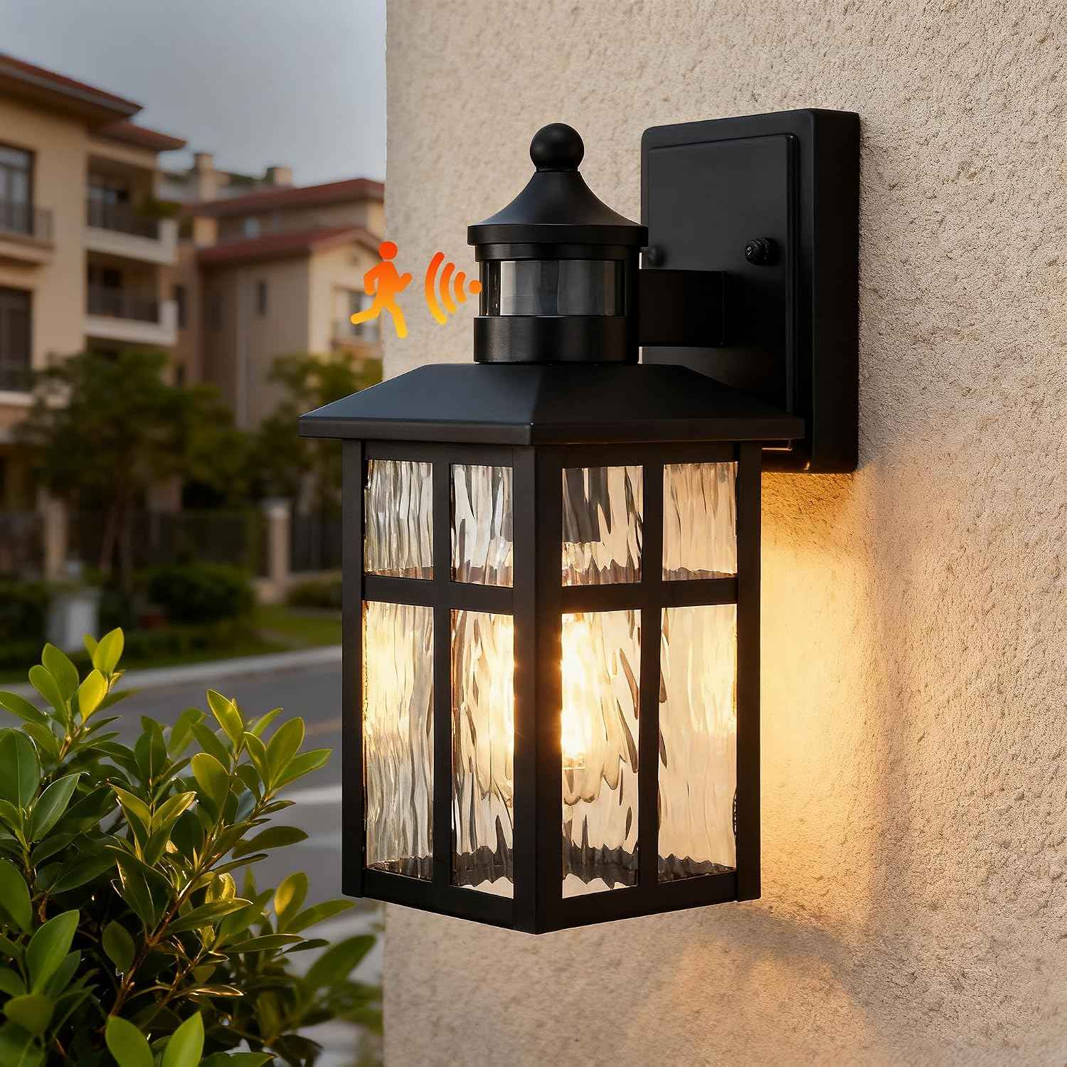 Edvivi Outdoor Wall Lights Exterior, Dusk to Dawn Motion Sensor Outdoor Lighting Fixture with Water Glass, 12 in. H 1-Light Matte Black Waterproof Wall Lantern Light for Patio Garden Garage Entryway