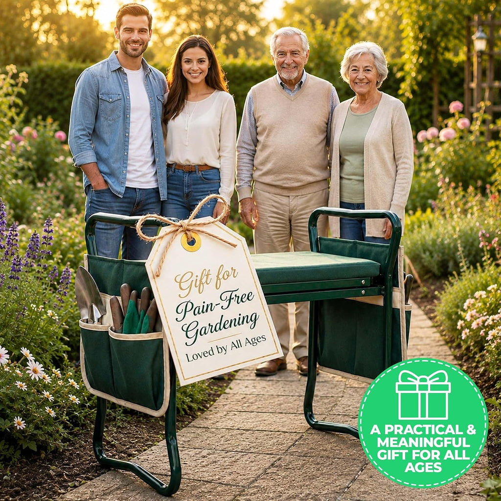Flora Foldable Garden Kneeler and Seat – Heavy Duty Gardening Bench with Extra-Wide Soft Pad & 2 Tool Pouches – Durable Steel Frame Supports 330lbs, Perfect Gardening Gifts for Seniors, Women & Men