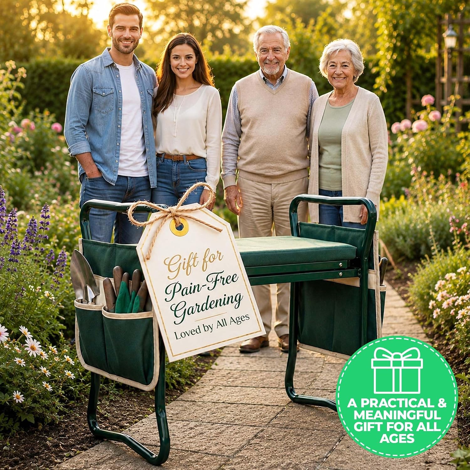 Flora Foldable Garden Kneeler and Seat – Heavy Duty Gardening Bench with Extra-Wide Soft Pad & 2 Tool Pouches – Durable Steel Frame Supports 330lbs, Perfect Gardening Gifts for Seniors, Women & Men