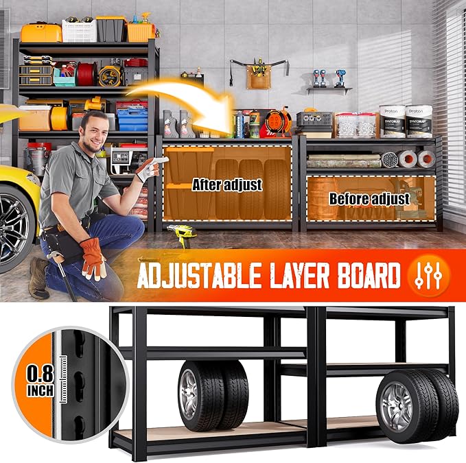 Set of 2 Garage Shelving, 3 Tier Garage Storage Shelves, Adjustable Heavy Duty - Image 5