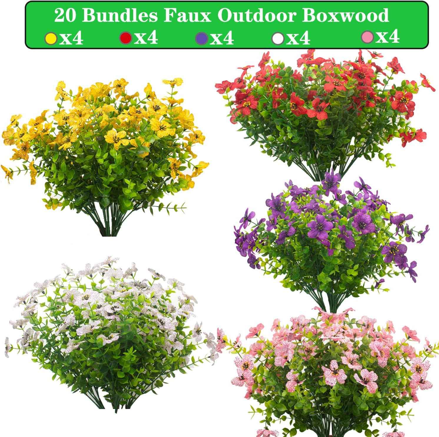 Grunyia 20 Bundles Artificial Flowers for Outdoors, UV Resistant Fake Plants Flowers Greenery Shrubs Plants for Decoration Outside Plants Hanging Planter Home Garden Decor