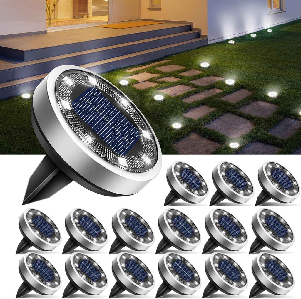 btfarm 16 Pack Solar Lights Outdoor Waterproof, 8 LED Solar Ground Lights | Stainless Steel, Easy-to-Install Flat Solar Disc Lights, Pathway Lights for Garden Lawn Patio Yard Path Landscape, Cool White