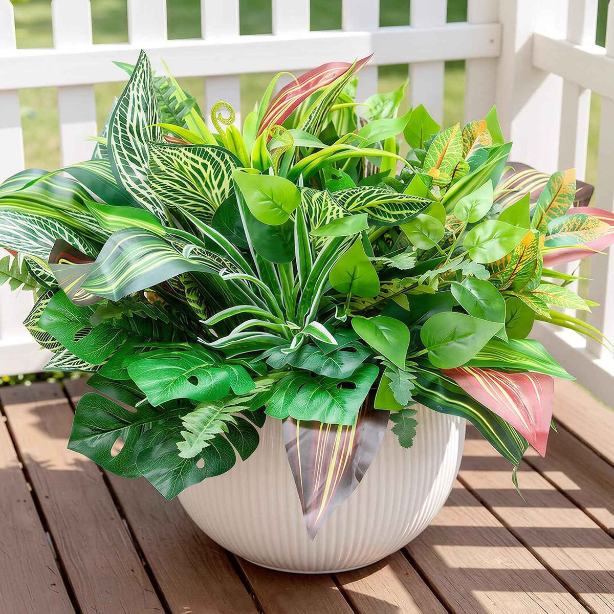 18 Bundles Artificial Greenery Plants Outdoor UV Resistant Fake Plastic Leaves with Stems Faux Bushes Shrubs for Porch Patio Window Box Garden Indoor Outside Decor