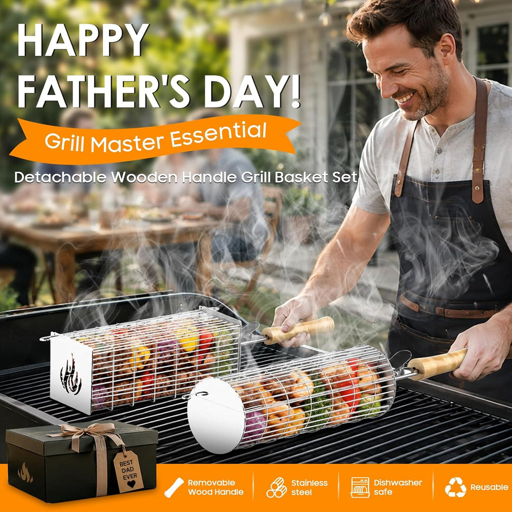 TNTOR Rolling Grill Basket, Larger 304 Stainless Steel Nesting Grilling Net, Removable Handle, BBQ Accessories Tools for Veg Shrimp, Outdoor Cooking Camping Father's Day grilling gifts for men Dad