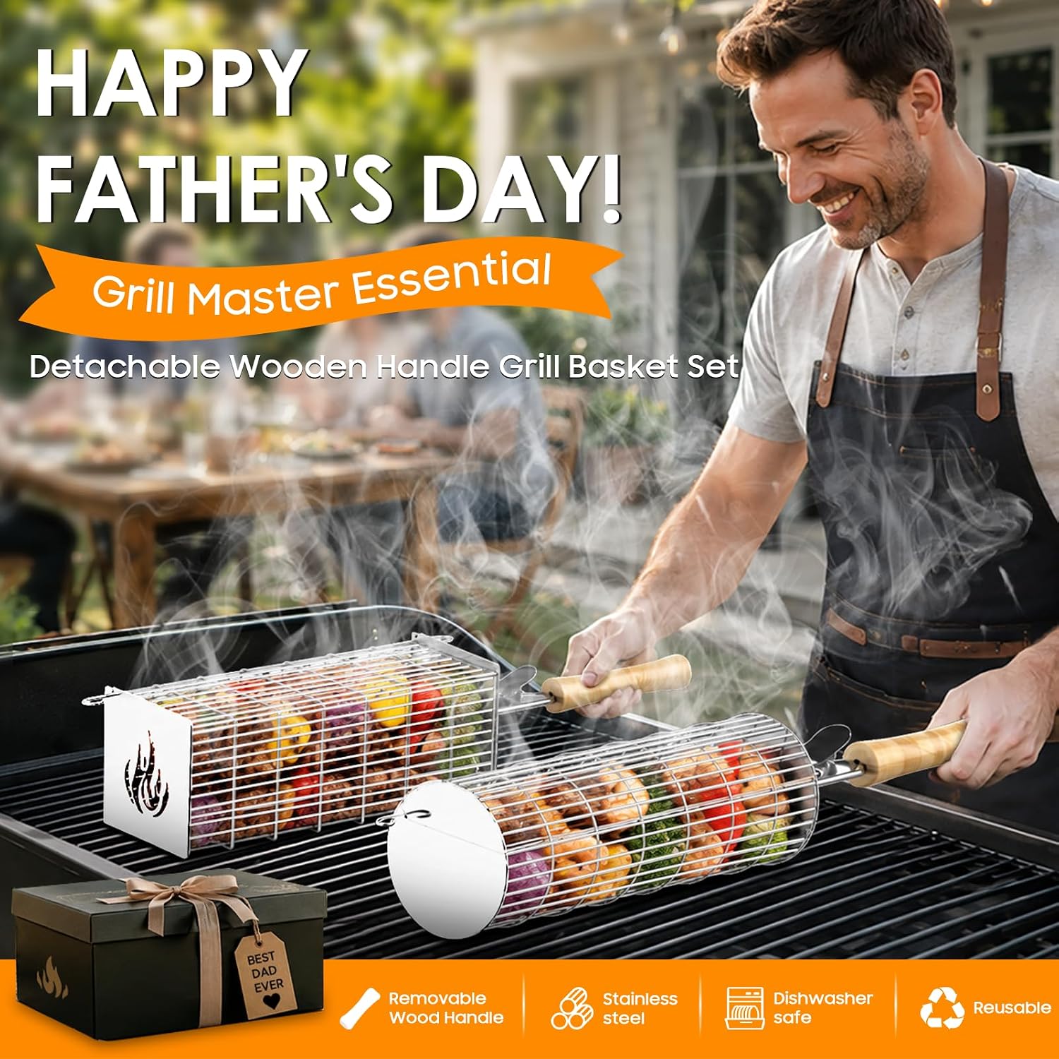 TNTOR Rolling Grill Basket, Larger 304 Stainless Steel Nesting Grilling Net, Removable Handle, BBQ Accessories Tools for Veg Shrimp, Outdoor Cooking Camping Father's Day grilling gifts for men Dad