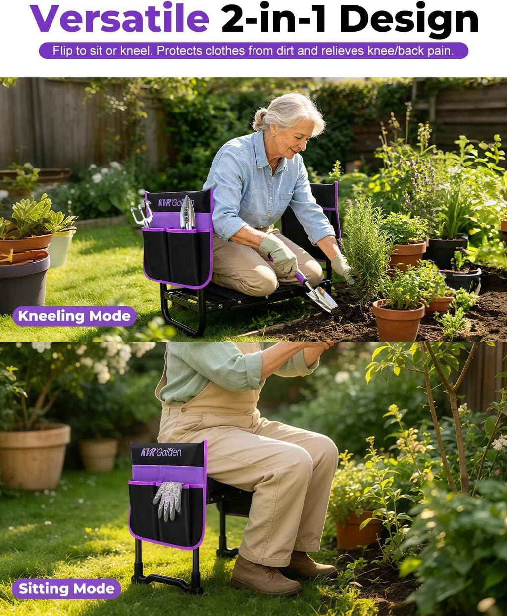 Garden Stool & Kneeler 7-Piece Set with 3 Aluminum Tools, Double-Layer Tote Bag & 2 Side Pouches - Foldable Gardening Bench Kit - Ideal Gifts for Women Mom Seniors (Purple)