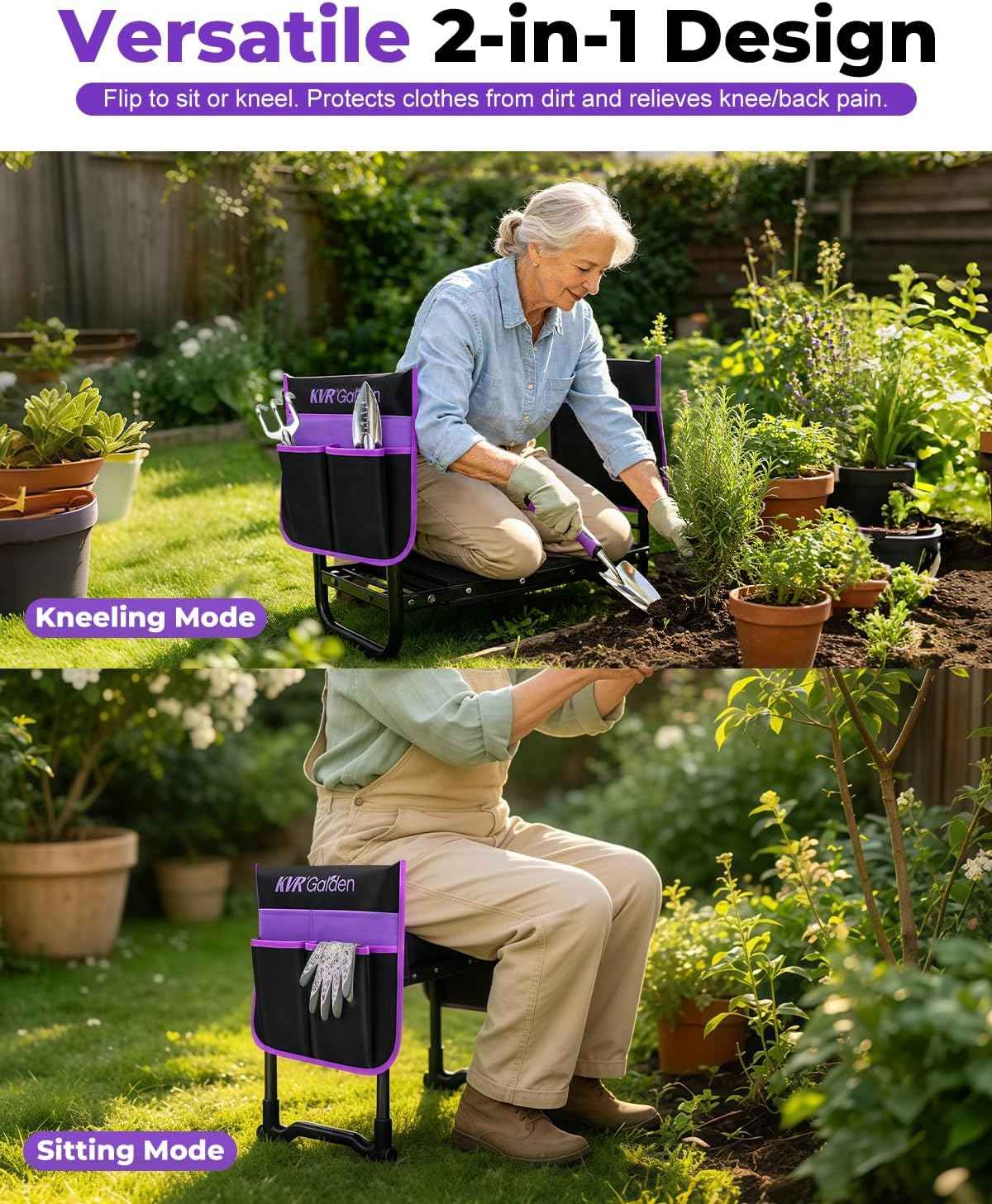 Garden Stool & Kneeler 7-Piece Set with 3 Aluminum Tools, Double-Layer Tote Bag & 2 Side Pouches - Foldable Gardening Bench Kit - Ideal Gifts for Women Mom Seniors (Purple)