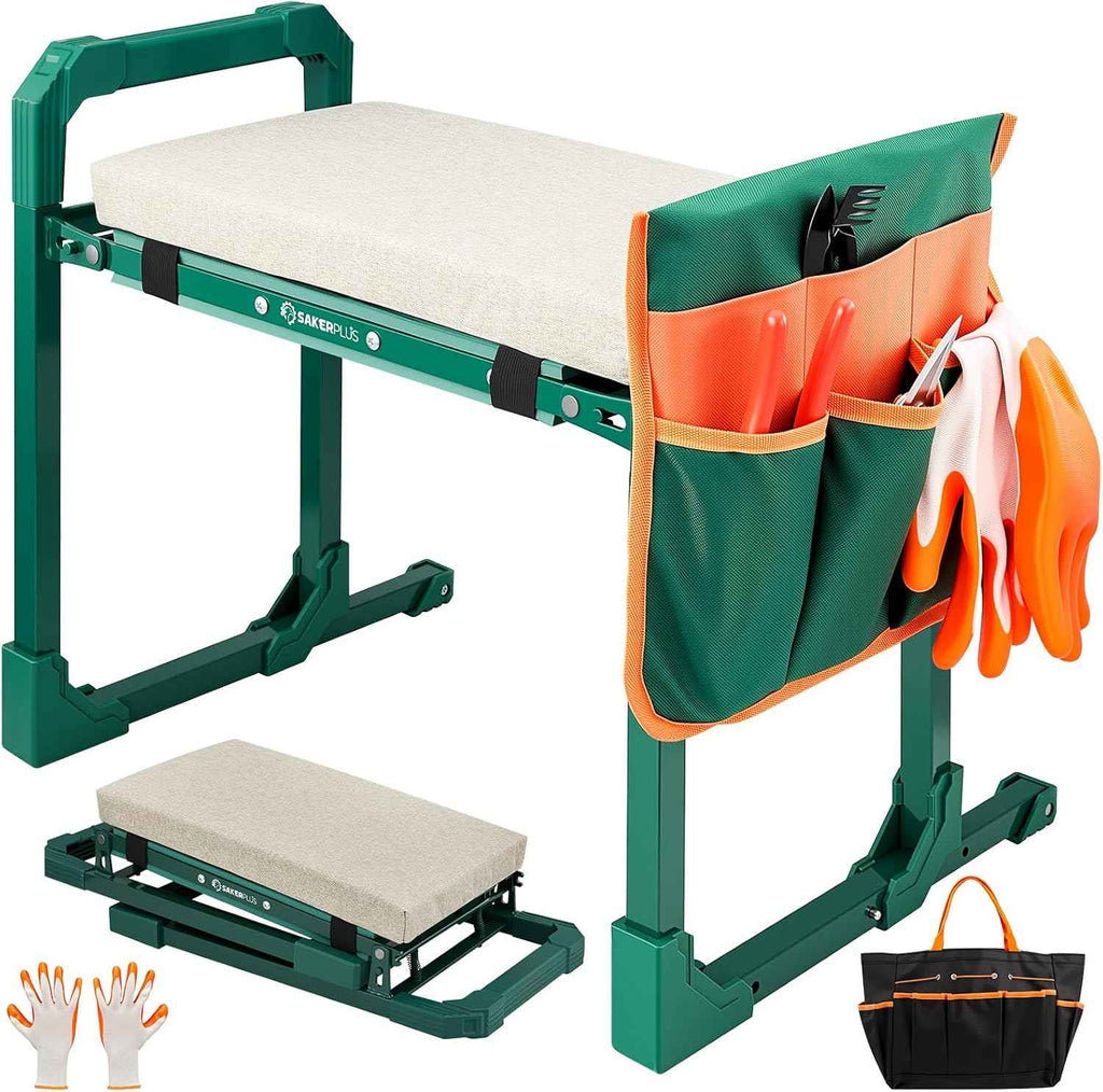 SakerPlus Garden Kneeler and Seat, Heavy Duty Foldable Garden Stool | 10-inch thickened pad, 400 lb support, extendable legs and 8-pocket tool bag for gardening, weeding and seniors