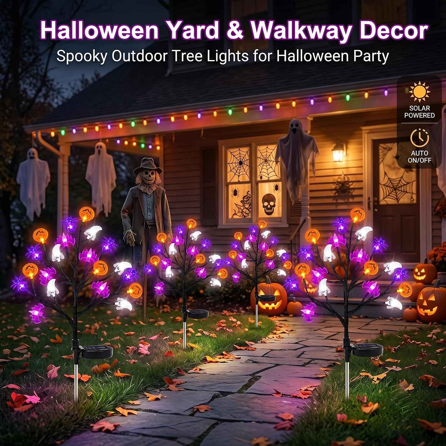 2-Pack Halloween Decorative Outdoor Solar Lights, 20 LED Bulbs Waterproof Garden Lights, 3D Pumpkin Bat Spider Maple Lights with 8 Lighting Modes, Solar Stake Lights for Halloween's Decor (Purple)