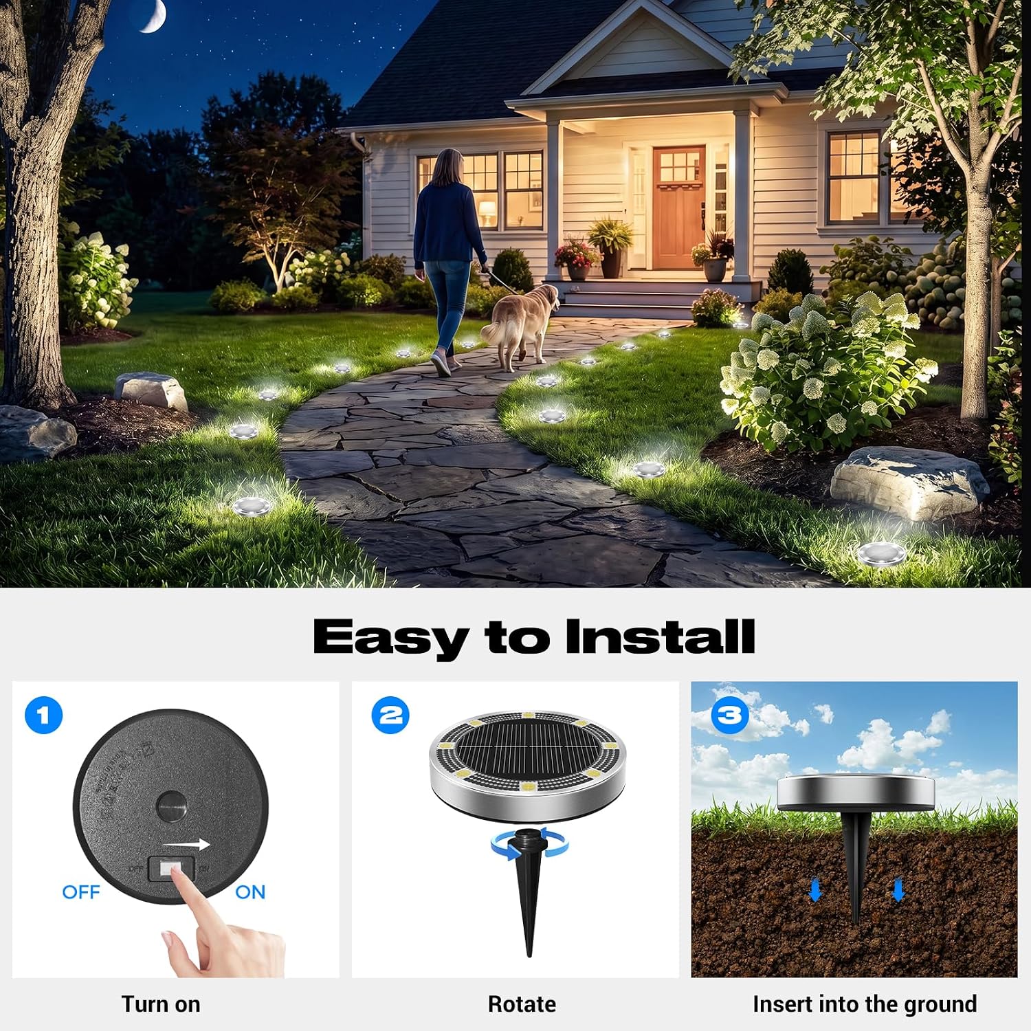 Peasur Solar Lights Outdoor Waterproof, 8 Pack Solar Powered Ground Lights Outdoor, IP68 Waterproof, Anti-Rust, Solar Garden Lights Landscape Lighting for Pathway Yard Lawn Walkway Driveway,Cool White