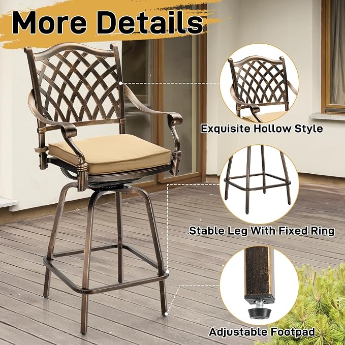 VINGLI Outdoor Swivel Bar Stools Set of 2, Cast Aluminum Patio Bar Height Chair - Image 4