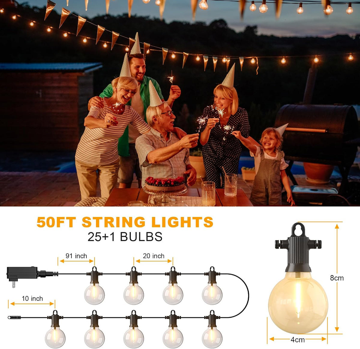Zuske Outdoor String Lights, 50FT 4-Color LED Patio Lights with 25 Shatterproof G40 Globe Bulbs, Waterproof Hanging Lights for Outside, Backyard, Porch, Balcony, Gazebo, 2700K/3000K/4000K/6000K