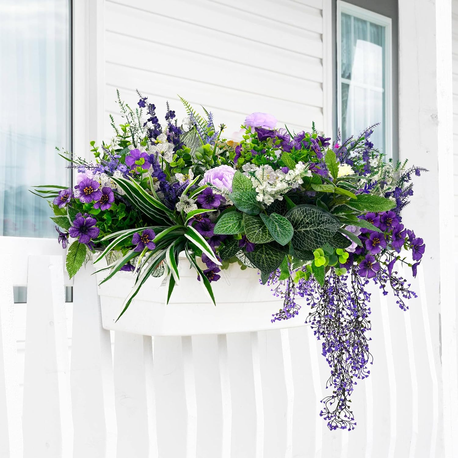 24Pcs Artificial Plants for Outdoor Faux Greenery & Flowers with Plastic Leave UV Resistant Fake Stems for Indoor Outside Garden Porch Window Box Home Décor