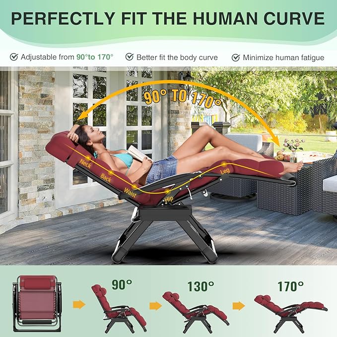 Suteck Oversized Zero Gravity Chair, 29In XL Outdoor Recliner Chair w/Removable - Image 4