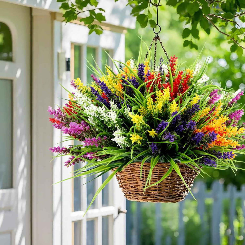 24 Bundles Artificial Plants Flowers Outdoor, UV Resistant,Mix 6 Colors | Faux Plants with Monkey Grass, Realistic Plastic Flowers for Garden Porch Window Box Patio Hanging Planter Decor