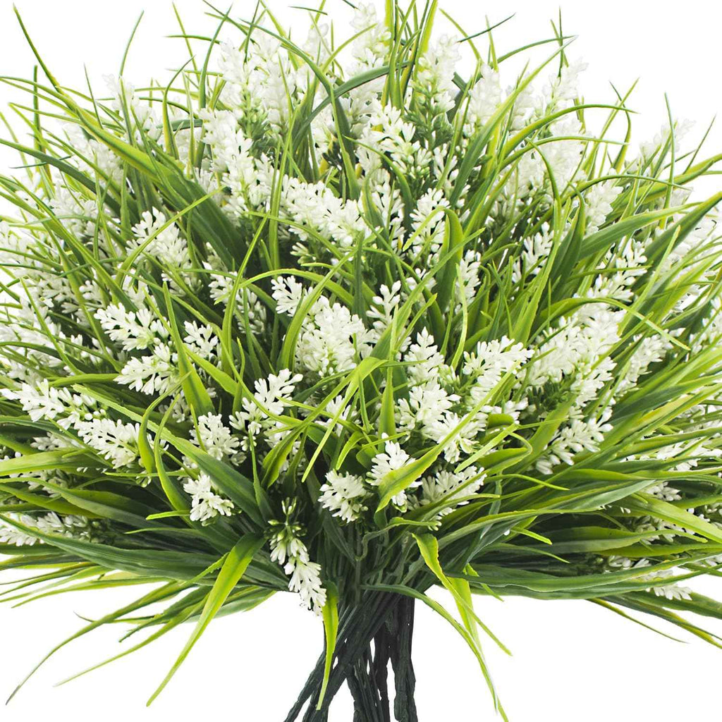 Grunyia 20 Bundles Artificial Plants Outdoor Fake Monkey Grass with Flowers (White)