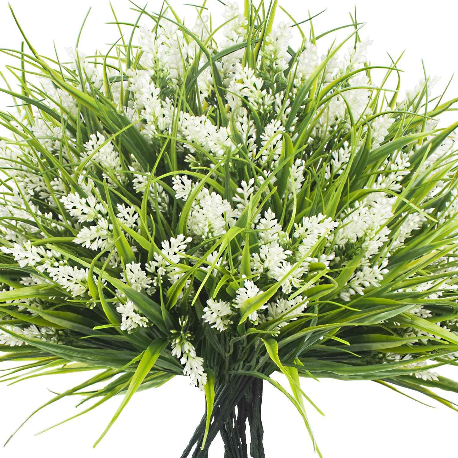 Grunyia 20 Bundles Artificial Plants Outdoor Fake Monkey Grass with Flowers (White)
