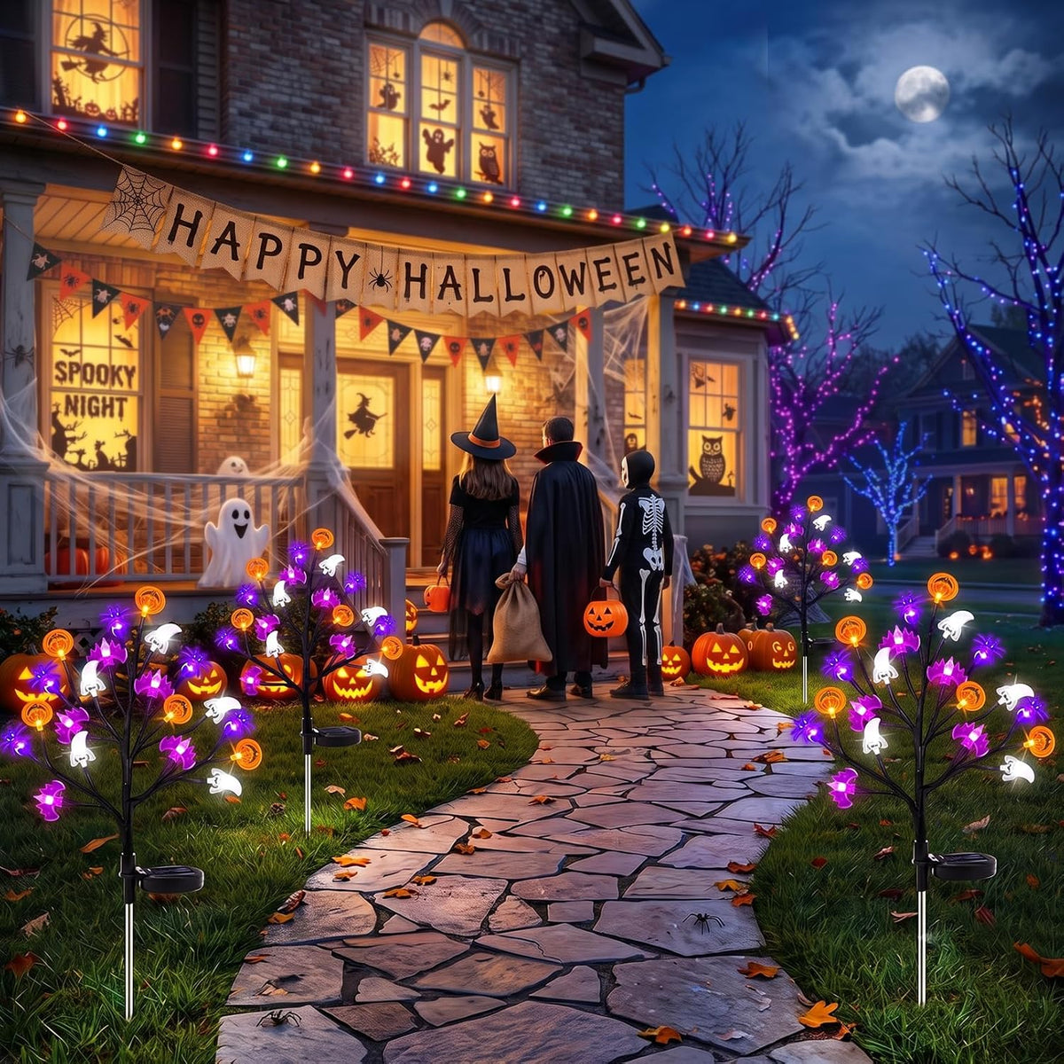 2-Pack Halloween Decorative Outdoor Solar Lights, 20 LED Bulbs Waterproof Garden Lights, 3D Pumpkin Bat Spider Maple Lights with 8 Lighting Modes, Solar Stake Lights for Halloween's Decor (Purple)