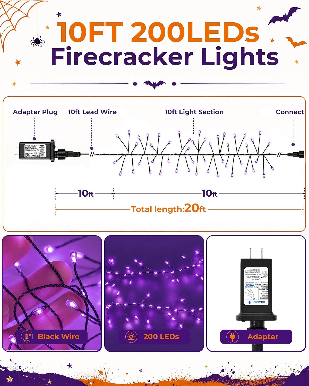Halloween Fairy Lights Plug in, 10Feet 200 LEDs Firecracker String Lights with Remote, Waterproof Cluster String Lights for Ceiling Bedroom Wreath Window Bar Haunted Theme Halloween Decoration, Purple