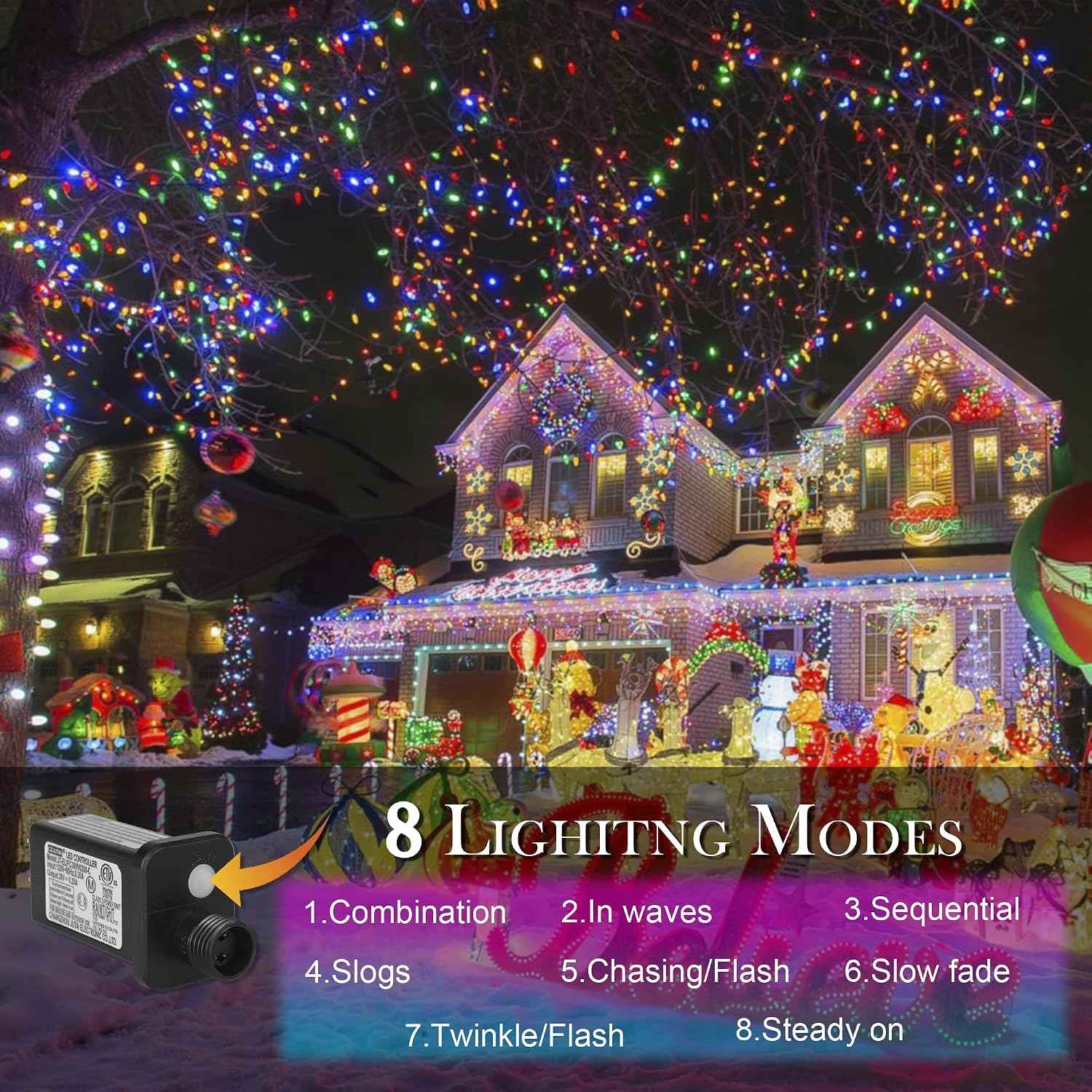 weillsnow 164 FT 500 LED Christmas Lights Outdoor, Waterproof Christmas Fairy Lights with Timer, Plug in Multicolor LED String Lights with 8 Modes for Bedroom Wedding Party Xmas Decoration