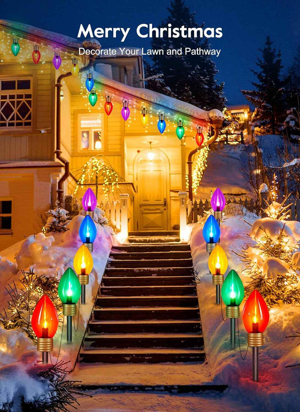 Jumbo C9 Christmas Lights Outdoor Decoration Lawn with Pathway Marker Stake | 8 Feet 5 LED C9 Pathway Lights Covered Multicolor Bulb, Connectable Waterproof Christmas Outside Decorations for Holiday Yard