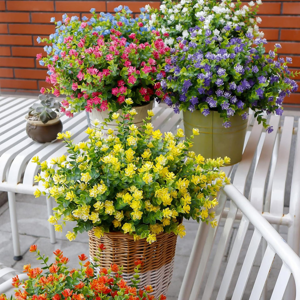 Artificial Flowers for Outdoors, 12 Bundles UV Resistant, Green | Realistic UV-resistant plastic flowers for patios, planters, porch, garden and outdoor decoration.