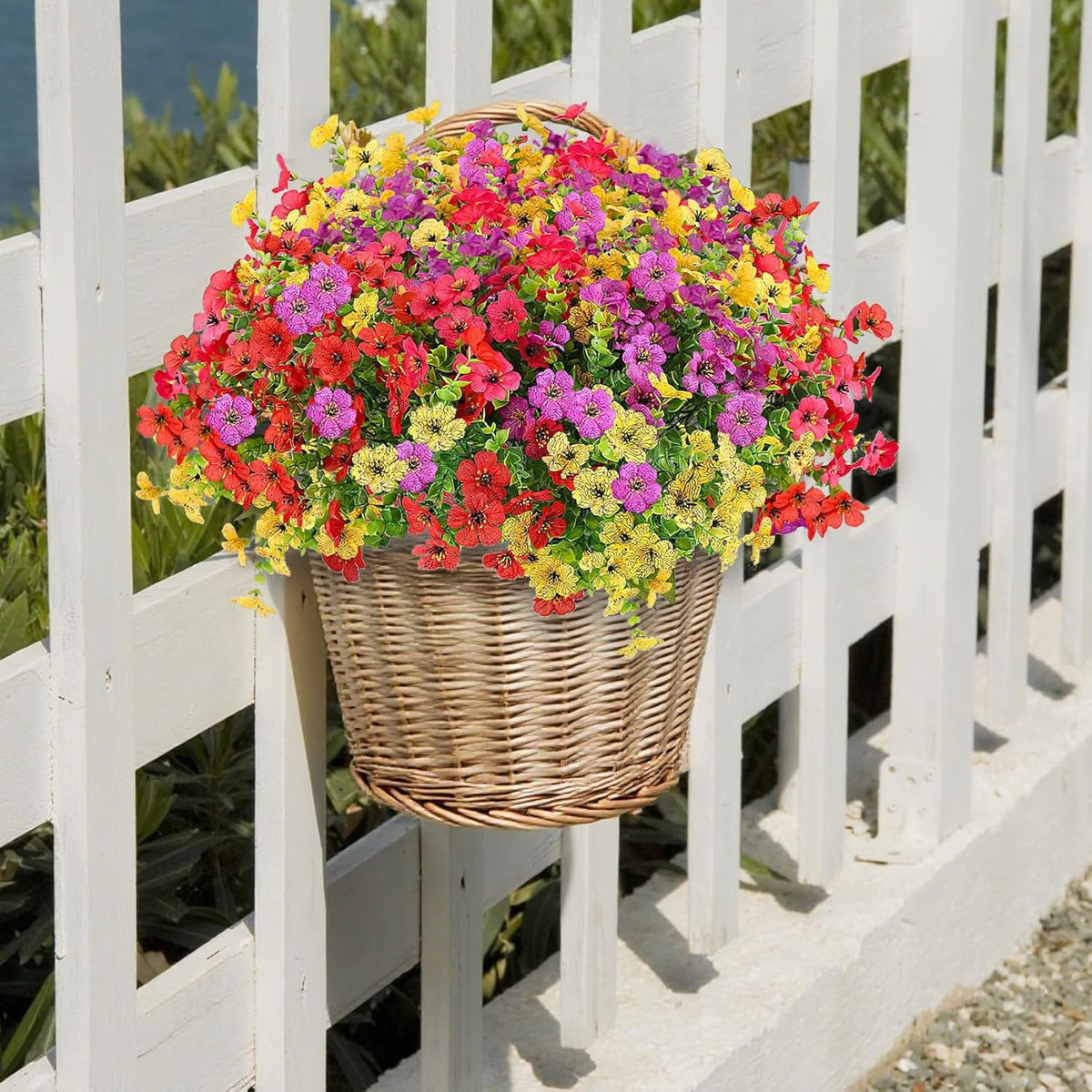 Artificial Flowers for Indoor & Outdoor Decoration - 12 Bundles Faux Daisies with Eucalyptus Leaves Fake Greenery for Garden, Home, Porch, Patio, Boxwood (12 Pcs Mix Pink Red Purple Yellow)