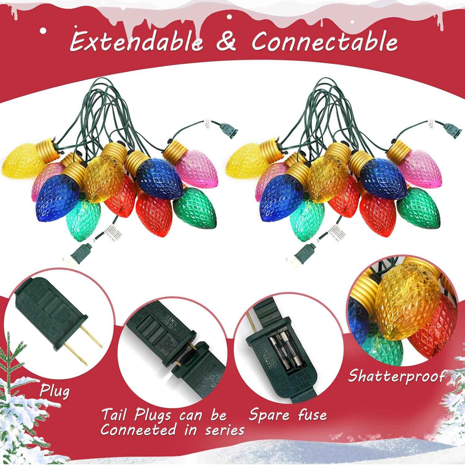 Giant Outdoor Christmas Lights, 16Ft Jumbo Christmas String Lights with 10 Large Strawberry Multicolored Bulbs, Connectable Outdoor Xmas Decorations Lights for Roof Patio Porch Garden Holiday Decor