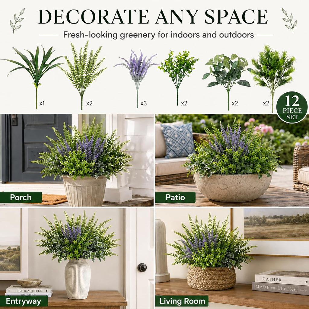 Outdoor Faux Plants UV Resistant - 12 Bouquets Realistic Artificial Eucalyptus Persian Leaf Lavender Greenery for Patio Garden Front Porch Decor Weatherproof Fake Plants for Outside