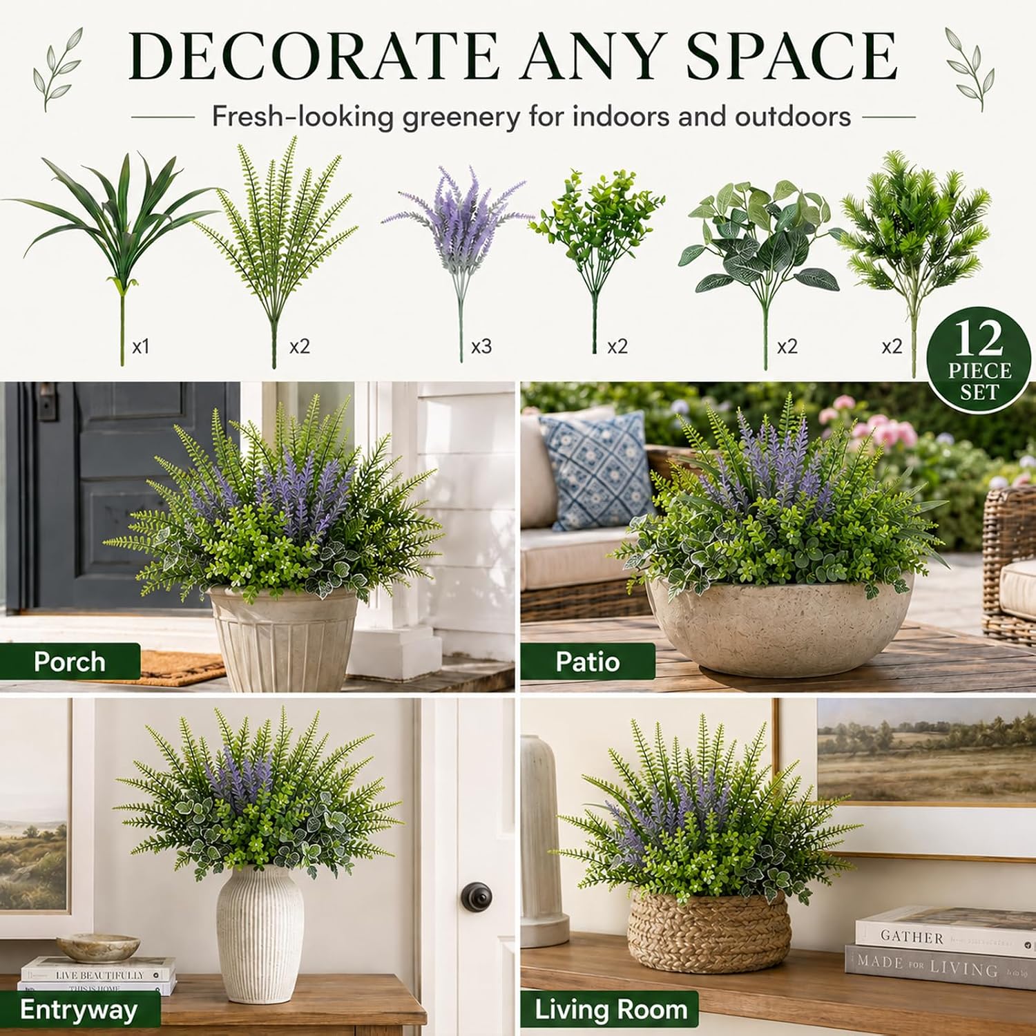 Outdoor Faux Plants UV Resistant - 12 Bouquets Realistic Artificial Eucalyptus Persian Leaf Lavender Greenery for Patio Garden Front Porch Decor Weatherproof Fake Plants for Outside