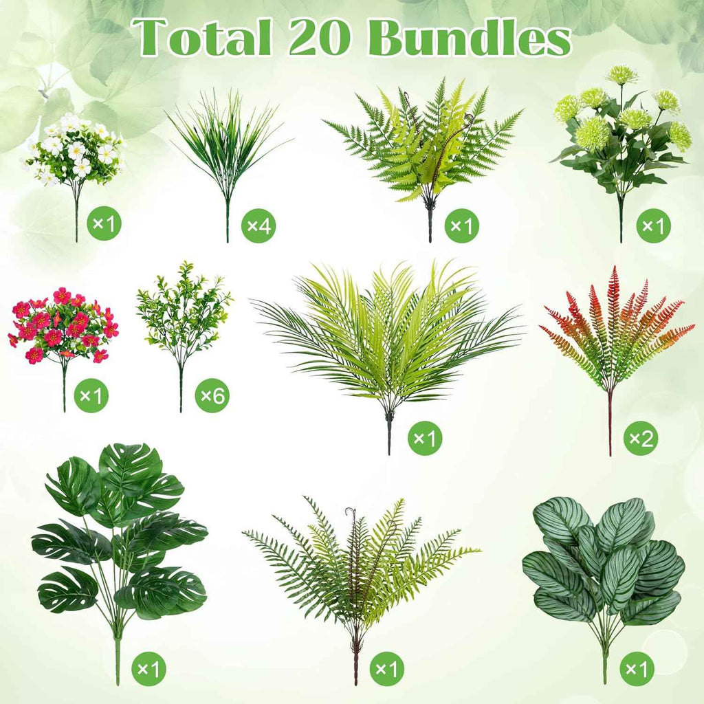 20 Pcs Artificial Plants Outdoor Fake Greenery Stems Plants | UV resistant, realistic boston fern, faux shrubs, plastic plants, indoor outdoor garden porch planter window box home decor