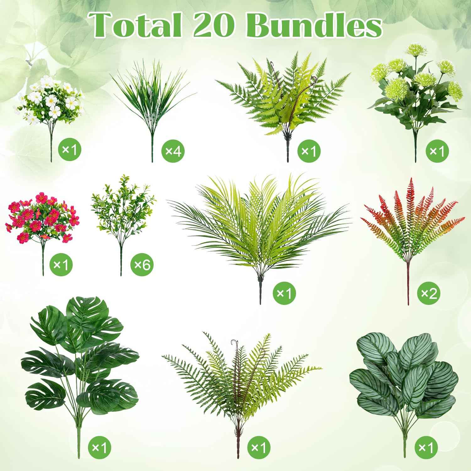 20 Pcs Artificial Plants Outdoor Fake Greenery Stems Plants | UV resistant, realistic boston fern, faux shrubs, plastic plants, indoor outdoor garden porch planter window box home decor