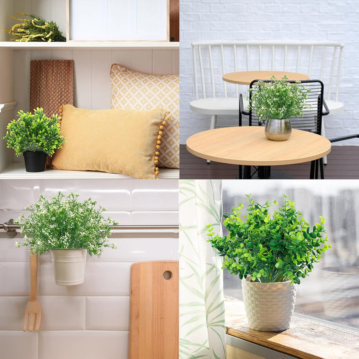 Ouddy Decor 6 Pcs Mixed Artificial Greenery, Fake Plastic Plants Outdoor | Realistic fake eucalyptus babys breath stems, care-free, for garden patio window box wedding table indoor outdoor home decor