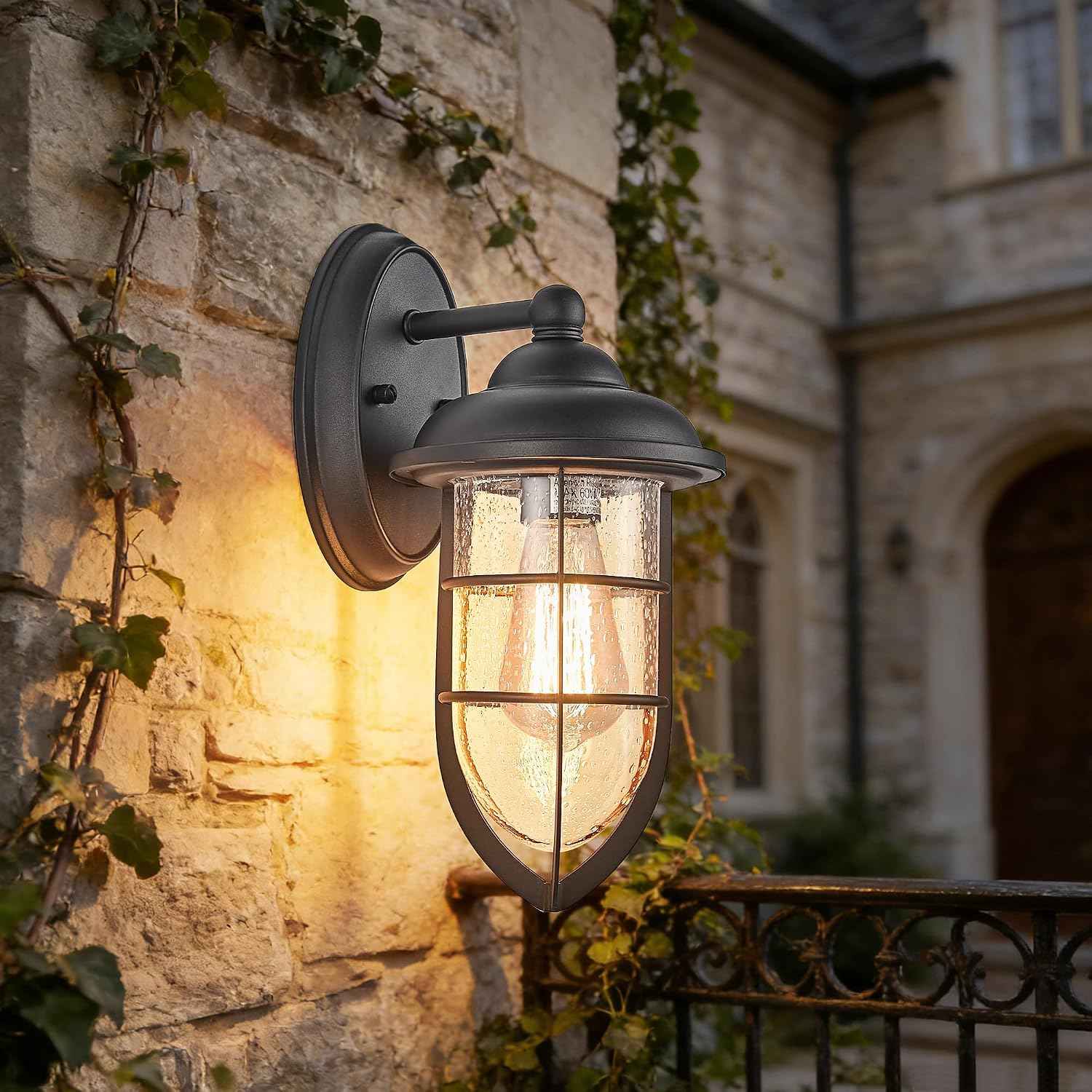 Outdoor Wall Sconce, Black Textured Finish with Clear Seeded Glass Shade, IP65 Waterproof, Indoor/Outdoor Wall Light for Porch, Garage, Entryway, Patio, Garden - E26 Bulb Not Included