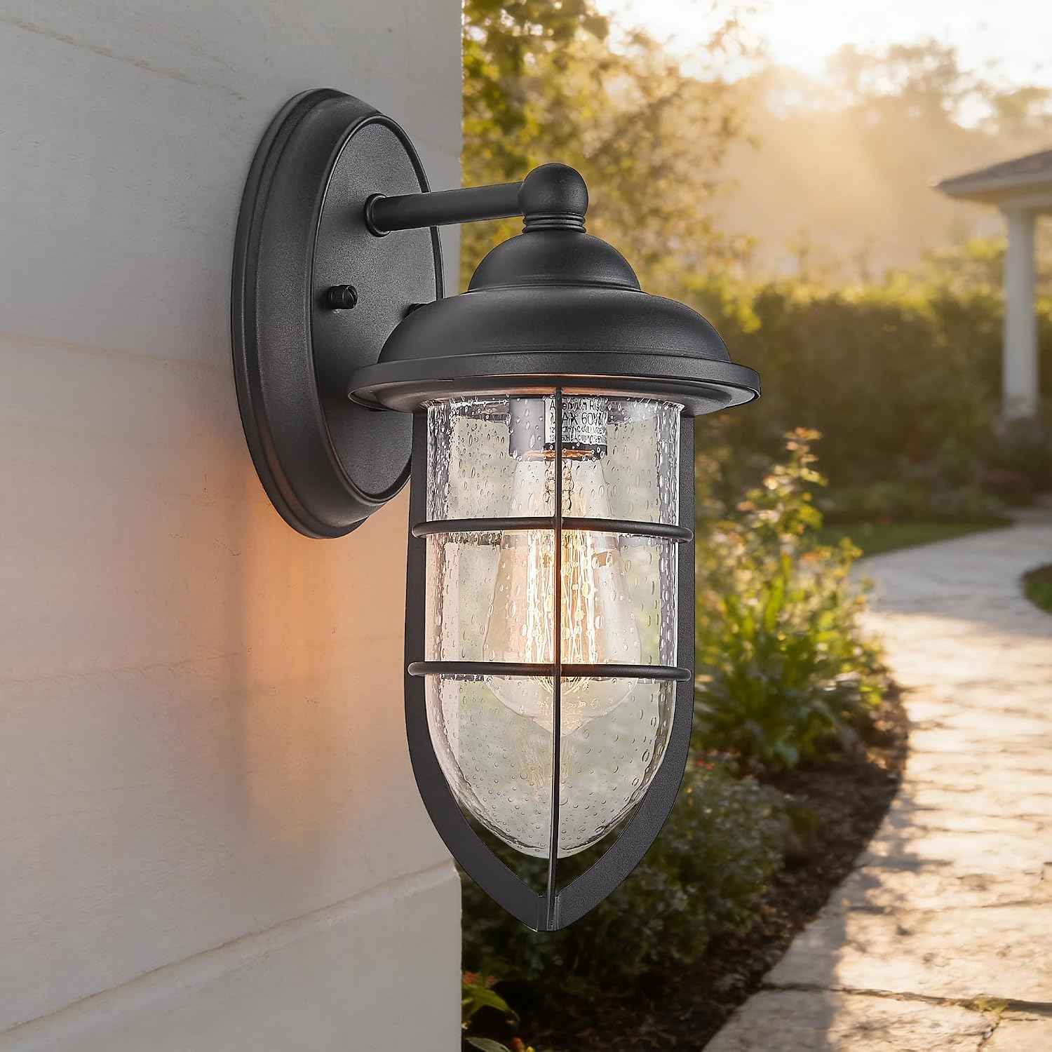 Outdoor Wall Sconce, Black Textured Finish with Clear Seeded Glass Shade, IP65 Waterproof, Indoor/Outdoor Wall Light for Porch, Garage, Entryway, Patio, Garden - E26 Bulb Not Included