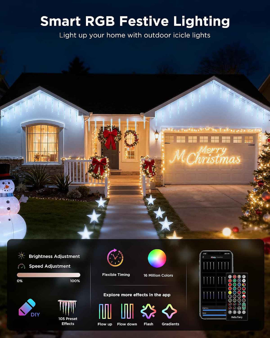 Brightown Smart Icicle Lights for Outside - Color Changing Christmas Lights | 31.2ft with 20 Tubes 100 LED Christmas Lights Decoration, APP Controlled RGB Customize Display DIY Dynamic Lighting Effect