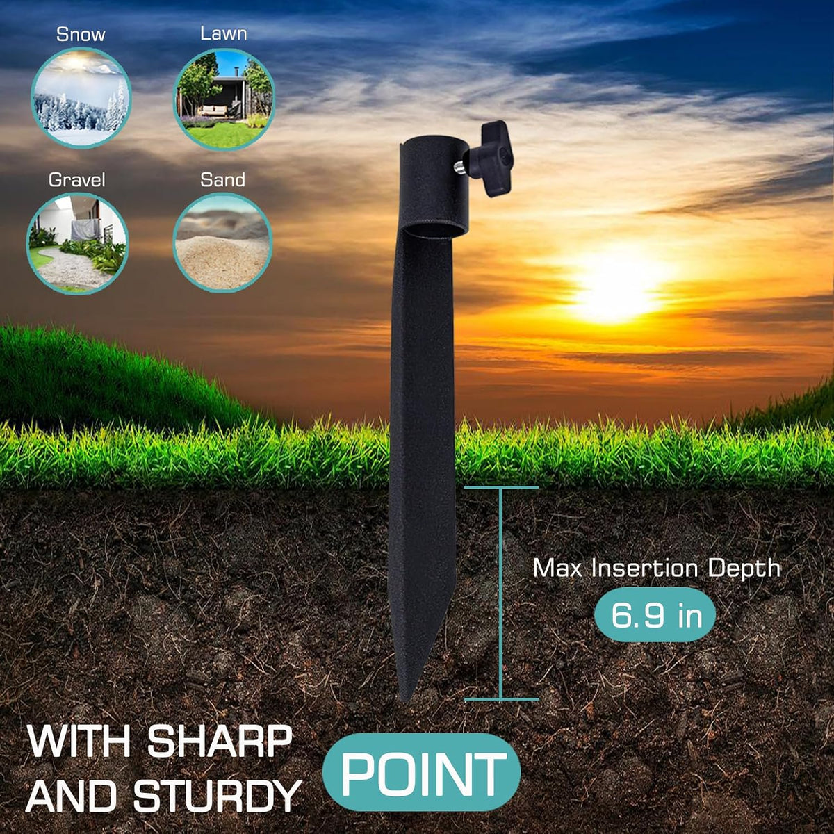 Outdoor Metal Stakes for Ground, Garden Stakes for Lights,Used for Replacement Metal Ground Spike in Live Flame Torches and Solar Lights-6.7 Inch (Black 4 Pack)