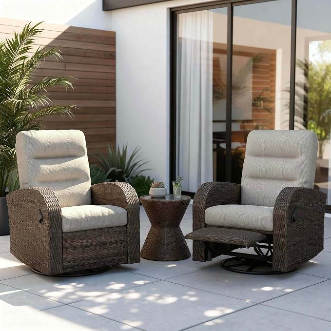 Outdoor Swivel Recliner Chair Set of 2, All-Weather Wicker Reclining Patio Chair by Vakollia