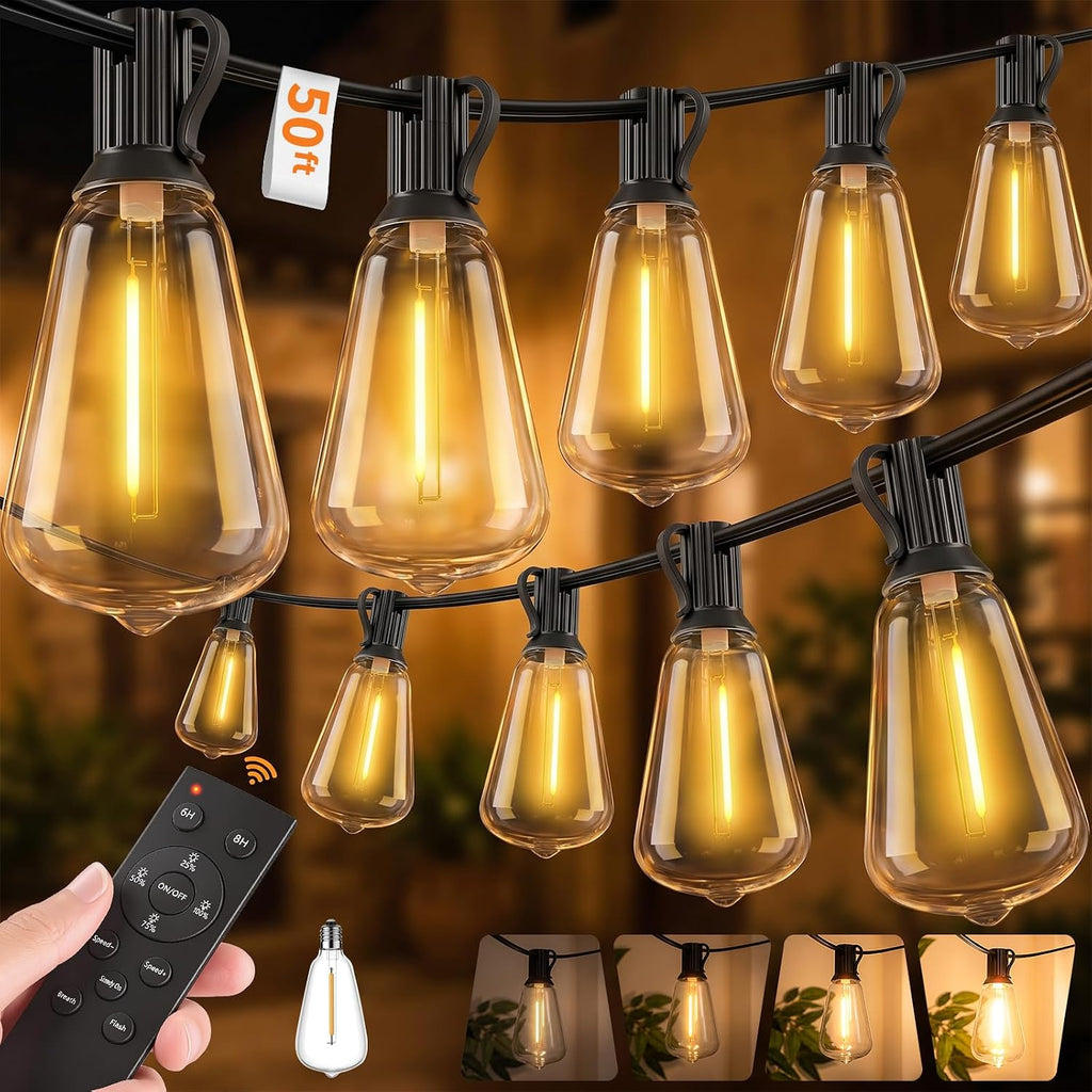 Hotsonic Remote Control Outdoor String Lights Waterproof, 50FT LED Outside Lights with Shatterproof Bulbs, Dimmable Hanging Lights 3 Modes for Patio Porch Garden Pergola Yard House Bistro Party Decors