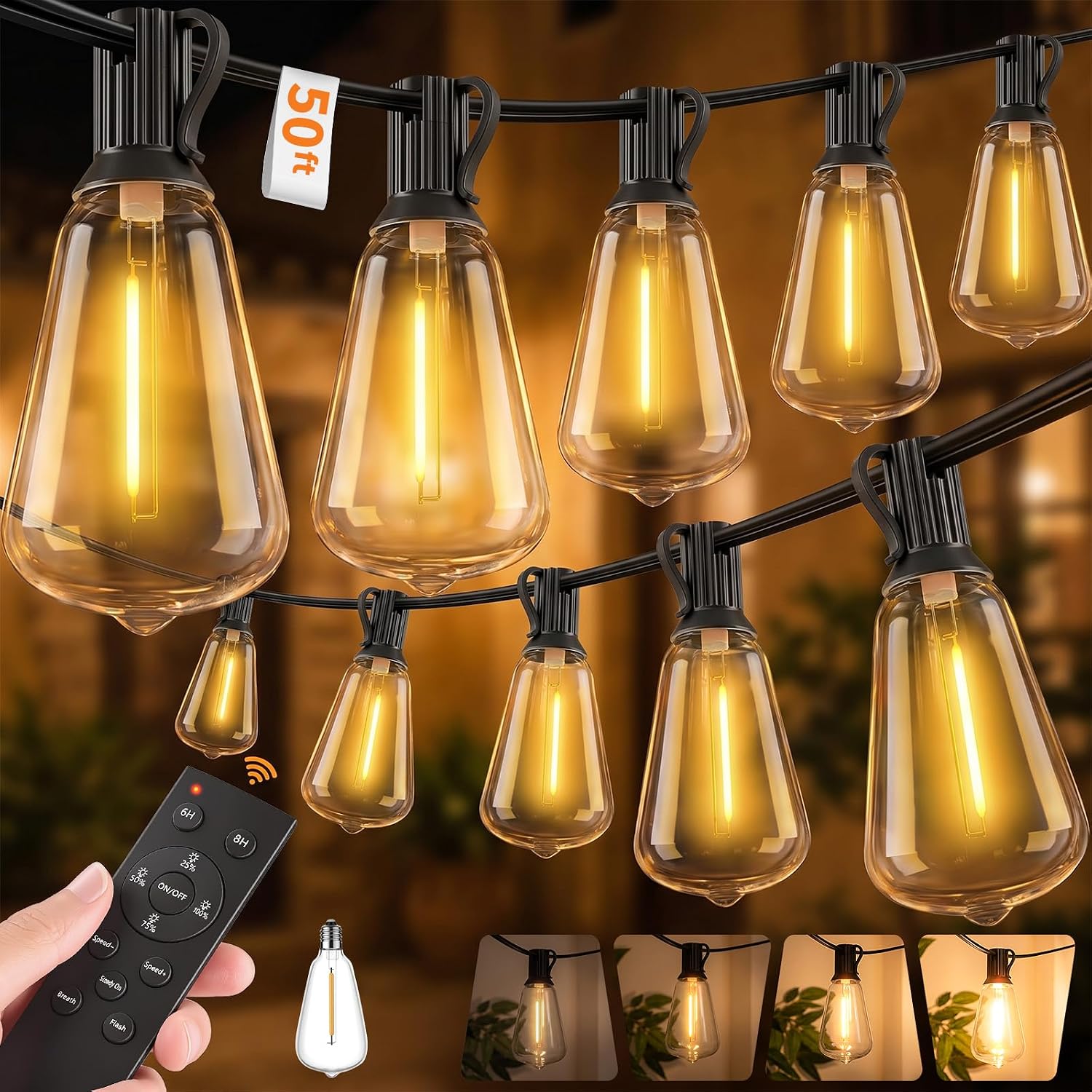 Hotsonic Remote Control Outdoor String Lights Waterproof, 50FT LED Outside Lights with Shatterproof Bulbs, Dimmable Hanging Lights 3 Modes for Patio Porch Garden Pergola Yard House Bistro Party Decors