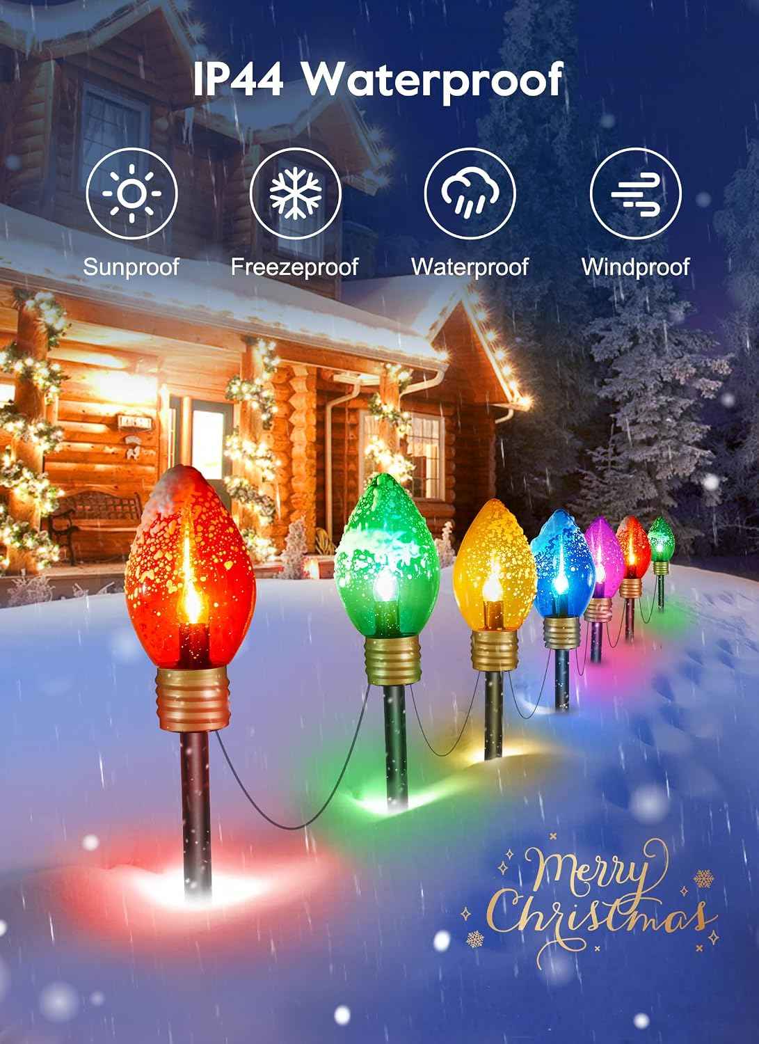 Jumbo C9 Christmas Lights Outdoor Decoration Lawn with Pathway Marker Stake | 8 Feet 5 LED C9 Pathway Lights Covered Multicolor Bulb, Connectable Waterproof Christmas Outside Decorations for Holiday Yard