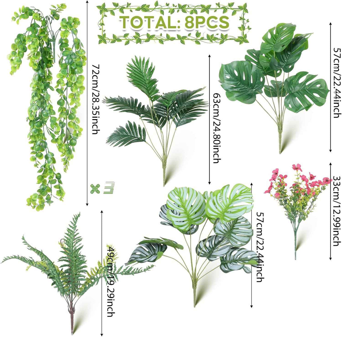 8 Bundles Large Artificial Plants Outdoor UV Resistant, Faux Greenery with Tropical Leaves & Hanging Ferns, Realistic Fake Plants for Outdoor Planters, Front Porch, Patio, Window Boxes, Garden Decor
