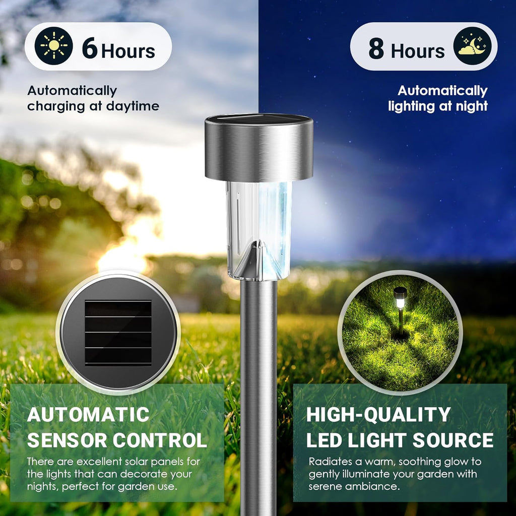 GIGALUMI Outdoor Waterproof Solar Garden Lights, 12 Pack Cold White | Stainless Steel LED, Ideal for Patio Lawn Yard Landscape, Durable Decorative Lighting
