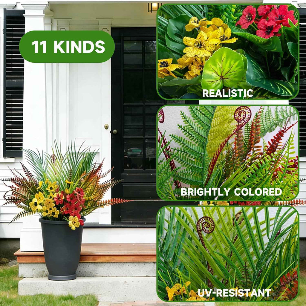 22 Bundles Outdoor Artificial Plants Greenery Stems UV Resistant Faux Plants for Outside Fake Stems Plastic Leaves for Front Porch Home Decor Garden Porch Planter