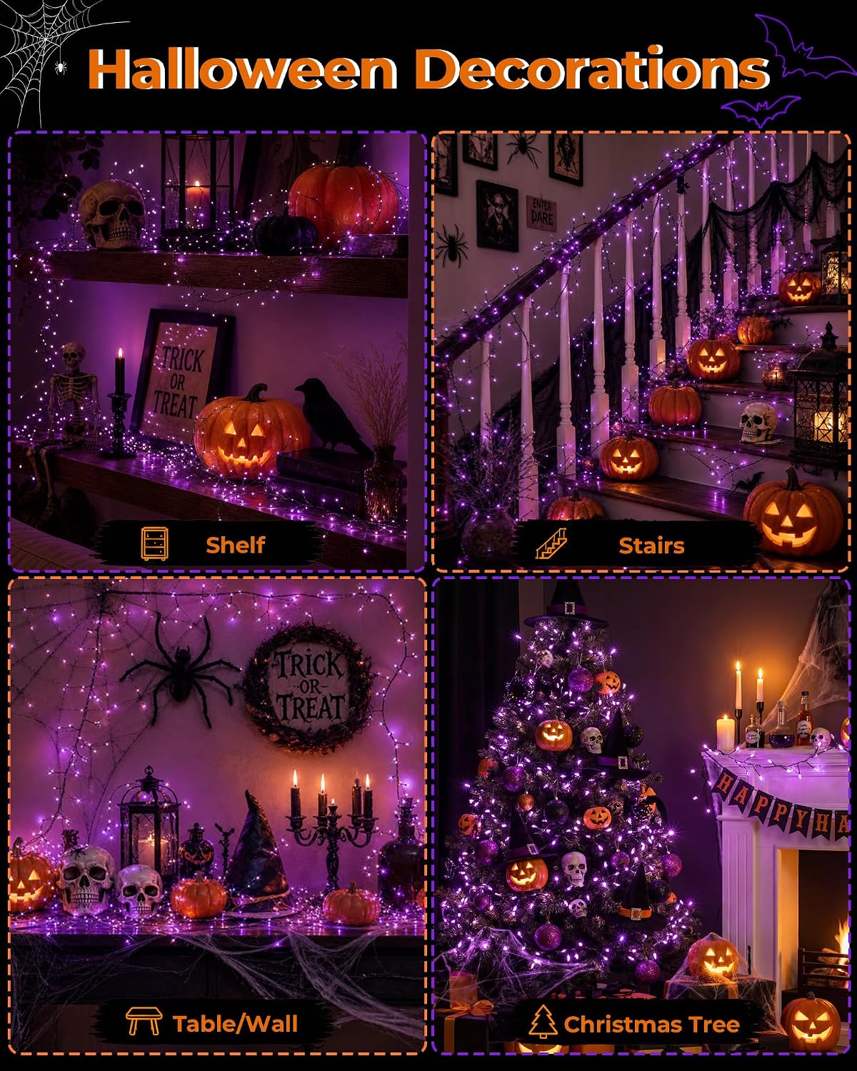 Halloween Fairy Lights Plug in, 10Feet 200 LEDs Firecracker String Lights with Remote, Waterproof Cluster String Lights for Ceiling Bedroom Wreath Window Bar Haunted Theme Halloween Decoration, Purple