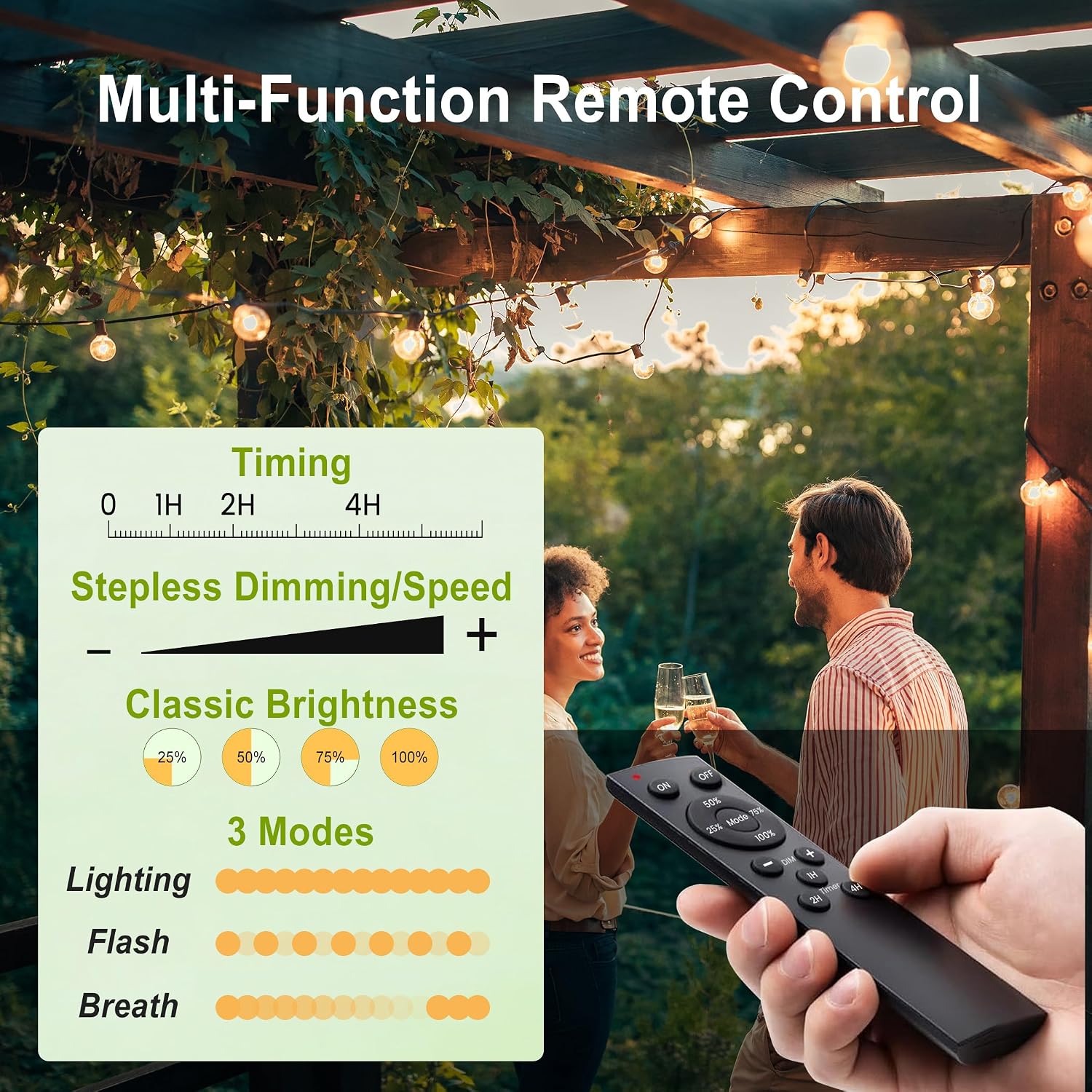 Outdoor String Lights Waterproof 75FT (1FT Bulbs Spacing) Remote for Patio | Connectable Outside Lighting Remote Dimmable,3 Modes,Timmer with 75 Plastic Globe Bulb for Backyard Bistro Porch Garden Fence