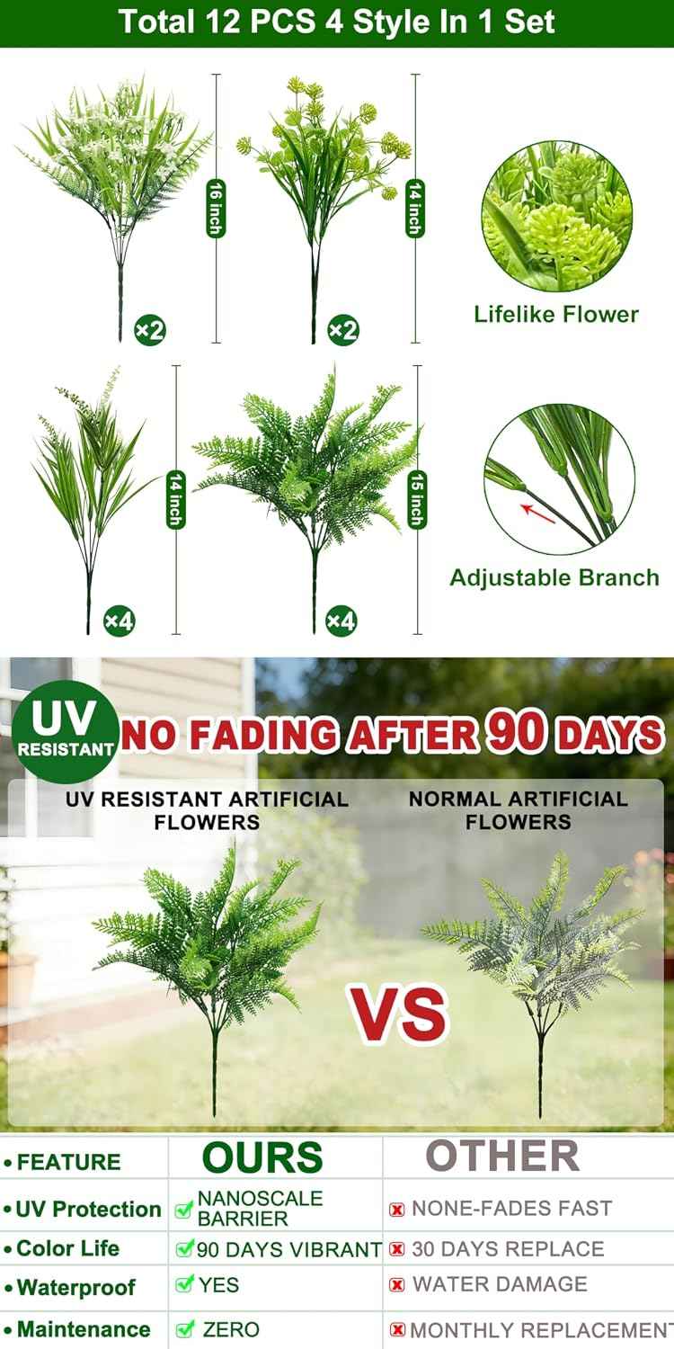 TURNMEON Artificial Plants Outdoor Fake Plants UV Resistant No Fade 12 Bundles 4 Styles Faux Plant Plastic Greenery Shrubs Boston Fern Lavender for Outside Gardens Porch Patio Indoor Home Decor