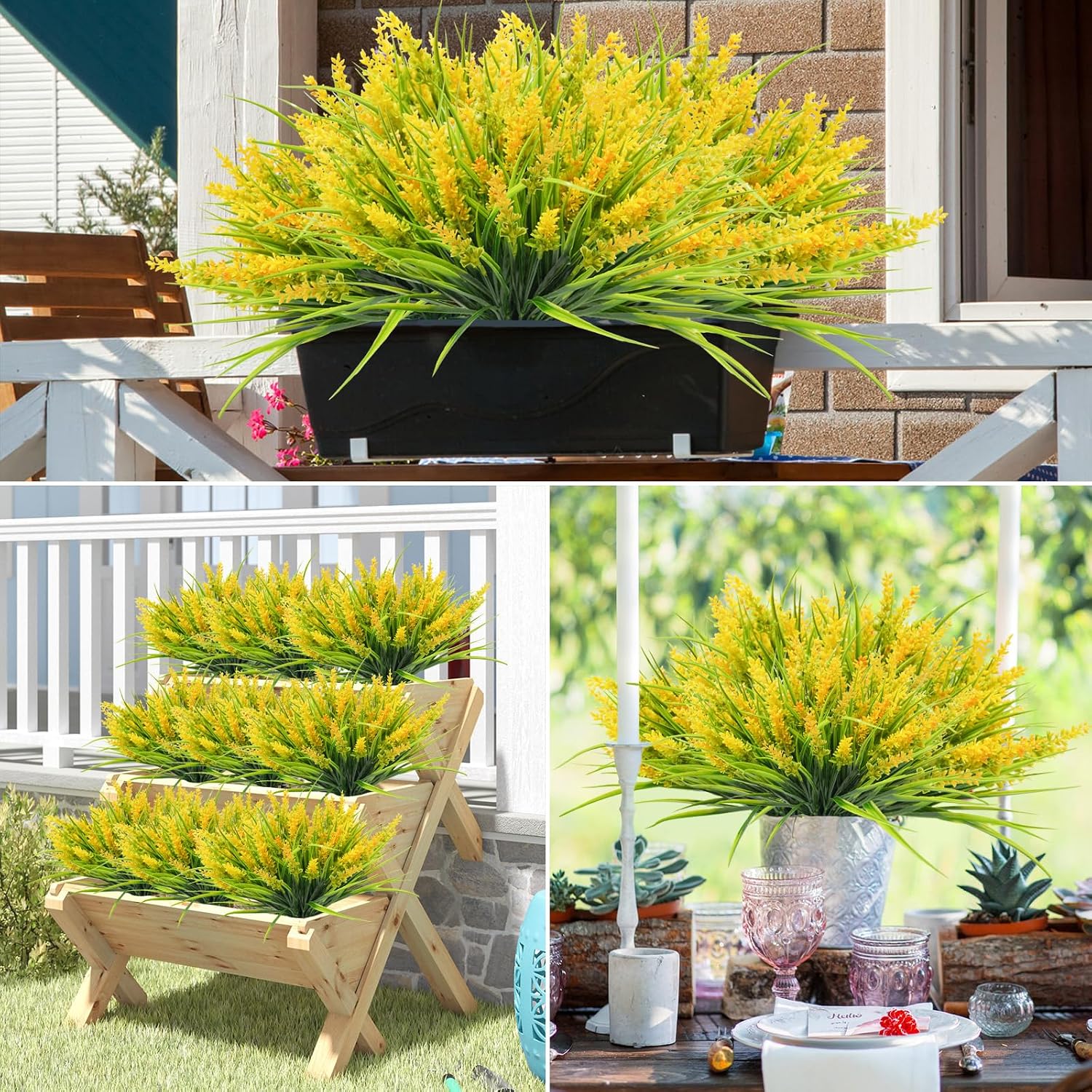 40 Bundles Artificial Lavender Outdoor UV Resistant No Maintain,Yellow | Faux Lavender Flowers with Greenery Monkey Grass,Lifelike Plastic Plants for Garden Porch/Window Box/Patio Hanging Decor