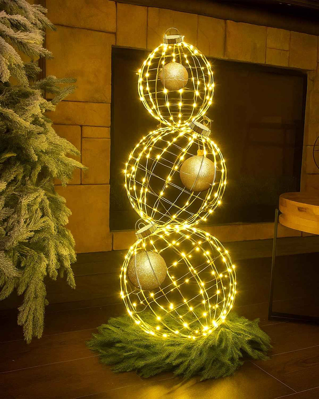Lineshading Set of 3 Christmas LED Light Balls Outdoor Decorations, Hanging Christmas Front Door Yard Twinkle Ornaments Set Sphere Light Decorations for Xmas Holiday Garden Patio Outside Decor, Warm